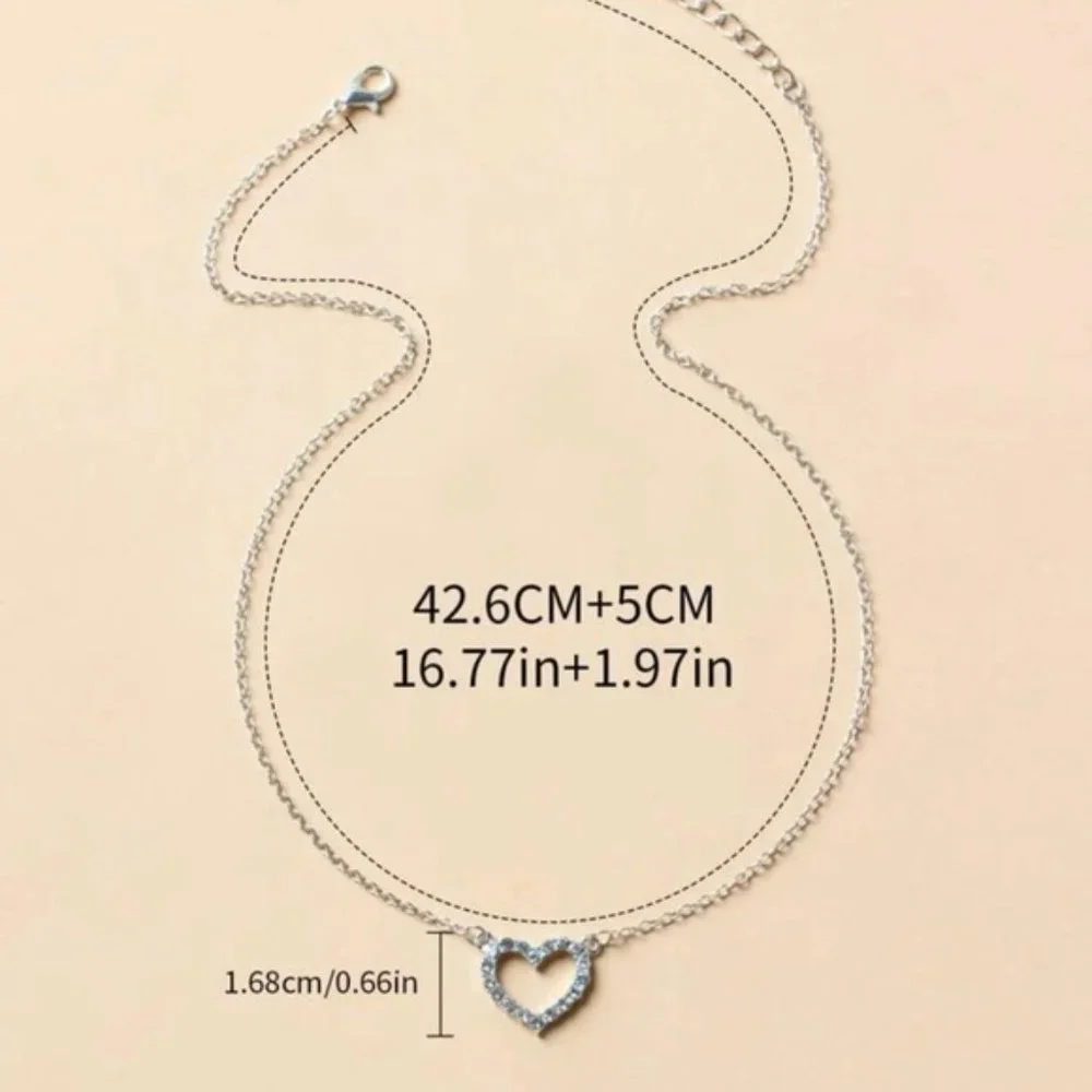Rhinestone Heart Charm Necklace For Women Accessories Silver Jewelry Par… - Picture 2 of 3